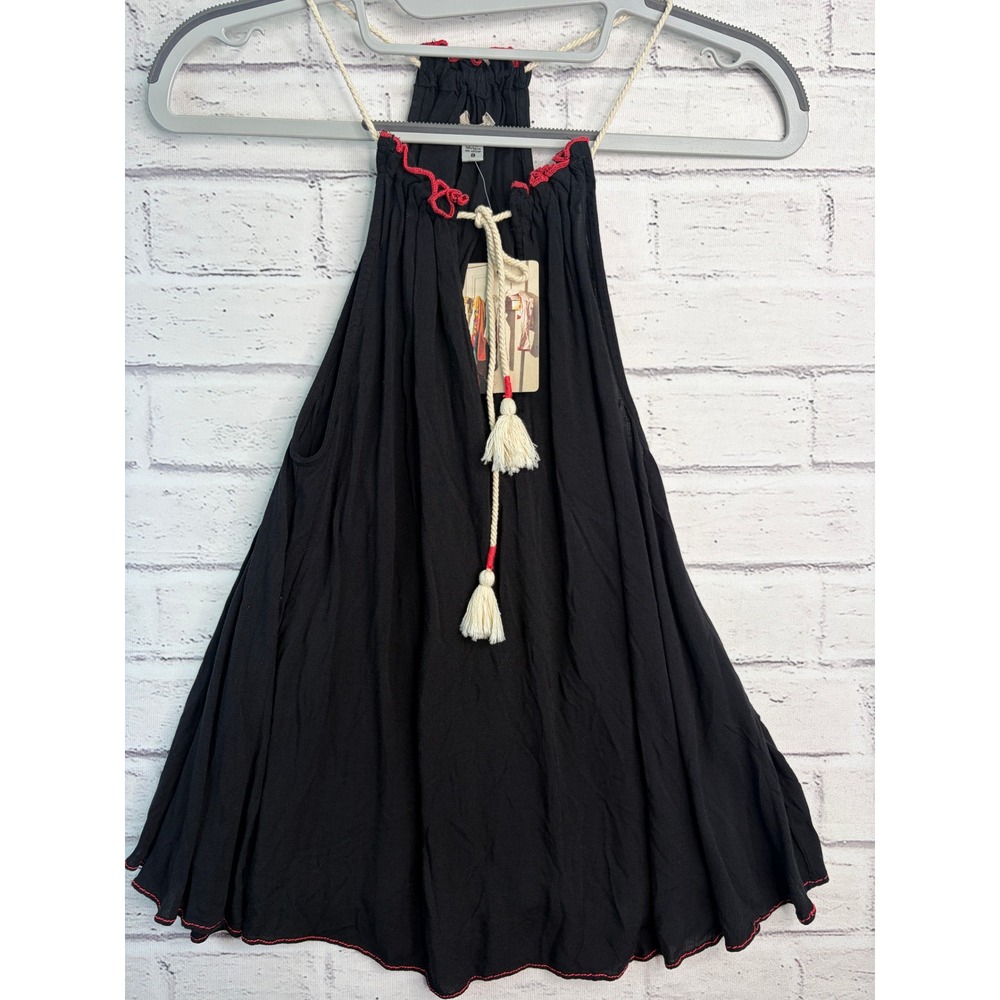Ecote Womens Black Rayon Halter Top Red Tassel Boho Tank S New